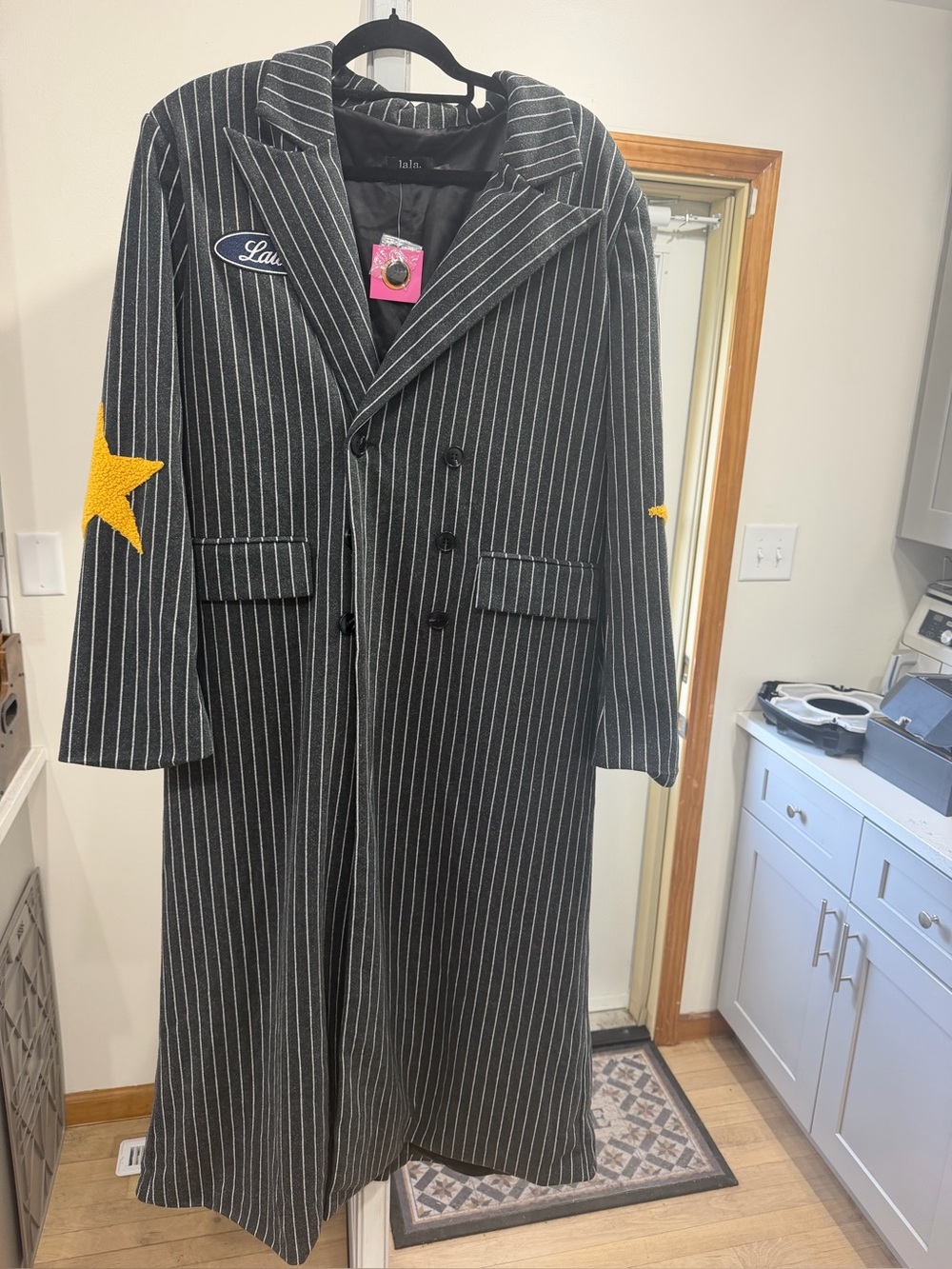 Dressed in Lala Long Pinstripe Coat with Yellow Star Elbow Detail - Women - Picture 2 of 10
